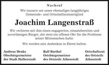 Traueranzeige von Joachim Langenstraß  von Magdeburger Volksstimme