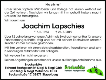 Traueranzeige von Joachim Lapschies  von Magdeburger Volksstimme