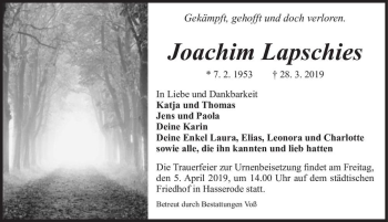 Traueranzeige von Joachim Lapschies  von Magdeburger Volksstimme