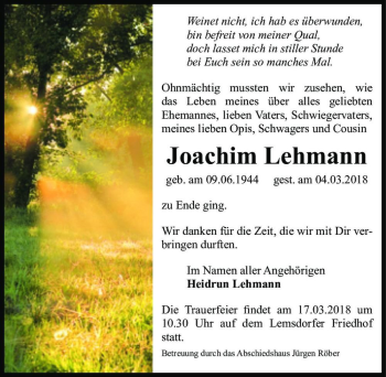 Traueranzeige von Joachim Lehmann  von Magdeburger Volksstimme