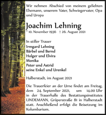 Traueranzeige von Joachim Lehning  von Magdeburger Volksstimme
