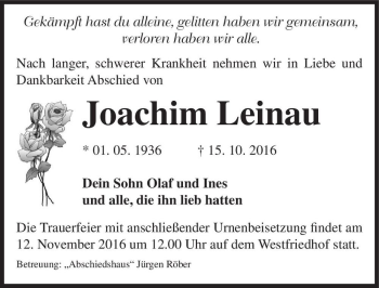 Traueranzeige von Joachim Leinau  von Magdeburger Volksstimme