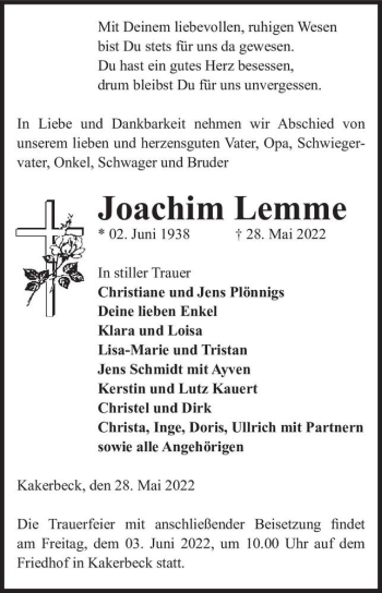 Traueranzeige von Joachim Lemme  von Magdeburger Volksstimme