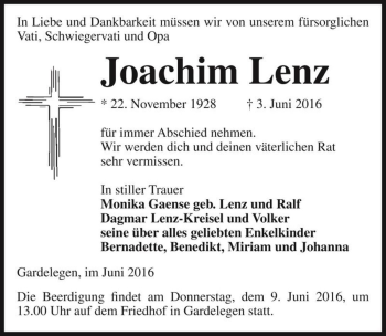 Traueranzeige von Joachim Lenz  von Magdeburger Volksstimme
