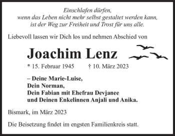Traueranzeige von Joachim Lenz  von Magdeburger Volksstimme