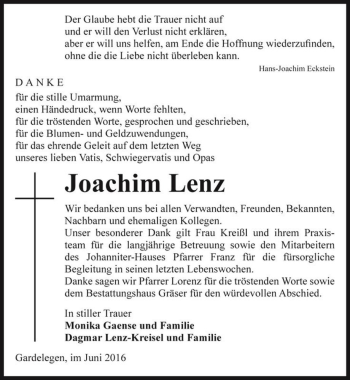 Traueranzeige von Joachim Lenz  von Magdeburger Volksstimme