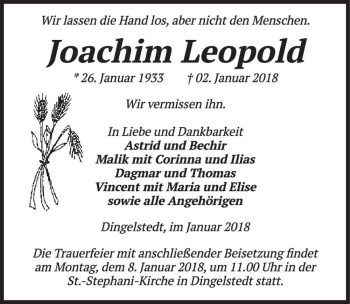 Traueranzeige von Joachim Leopold  von Magdeburger Volksstimme
