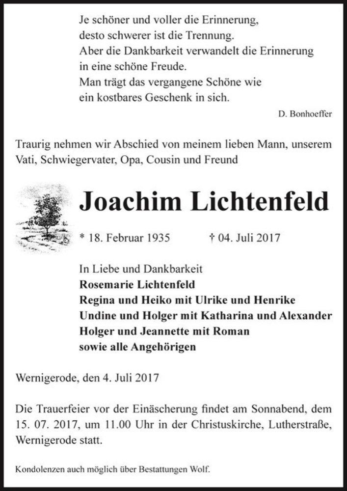  Traueranzeige für Joachim Lichtenfeld  vom 12.07.2017 aus Magdeburger Volksstimme