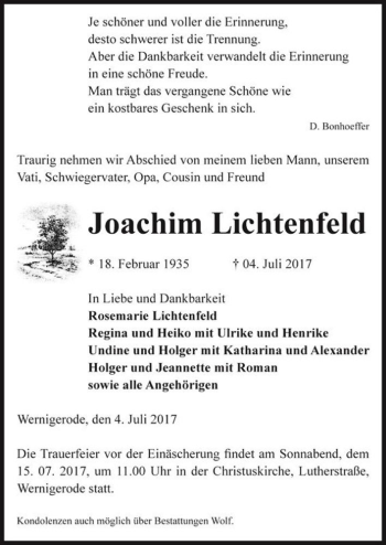 Traueranzeige von Joachim Lichtenfeld  von Magdeburger Volksstimme
