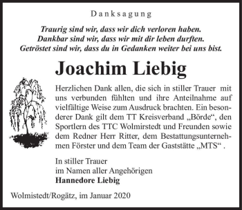 Traueranzeige von Joachim Liebig  von Magdeburger Volksstimme