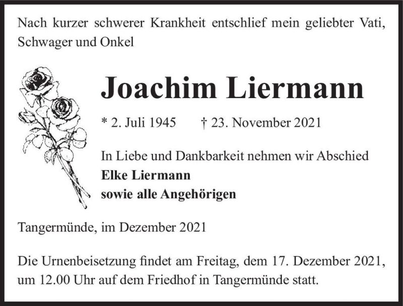  Traueranzeige für Joachim Liermann  vom 11.12.2021 aus Magdeburger Volksstimme