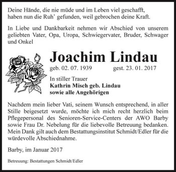 Traueranzeige von Joachim Lindau  von Magdeburger Volksstimme