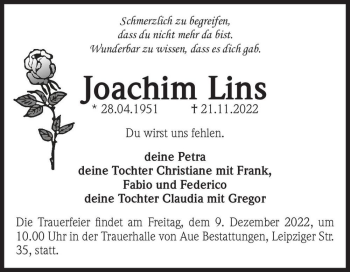 Traueranzeige von Joachim Lins  von Magdeburger Volksstimme