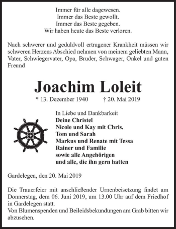 Traueranzeige von Joachim Loleit  von Magdeburger Volksstimme