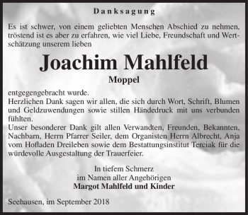 Traueranzeige von Joachim Mahlfeld 