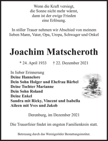 Traueranzeige von Joachim Matscheroth  von Magdeburger Volksstimme