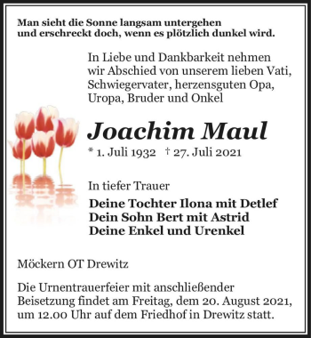 Traueranzeige von Joachim Maul  von Magdeburger Volksstimme