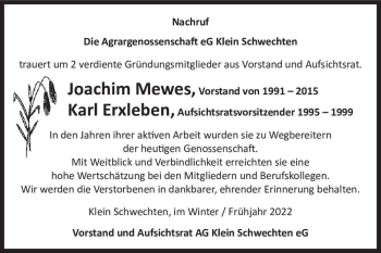 Traueranzeige von Joachim Mewes, Karl Erxleben  von Magdeburger Volksstimme