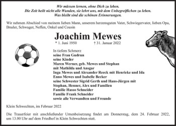 Traueranzeige von Joachim Mewes  von Magdeburger Volksstimme