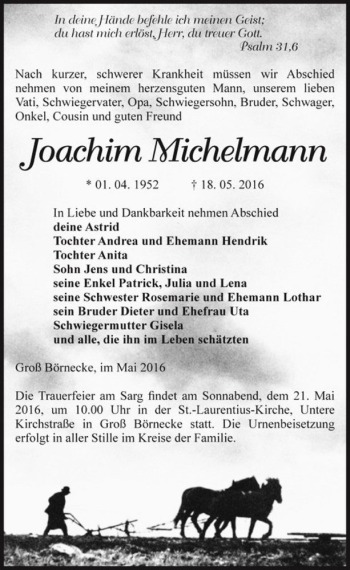 Traueranzeige von Joachim Michelmann  von Magdeburger Volksstimme