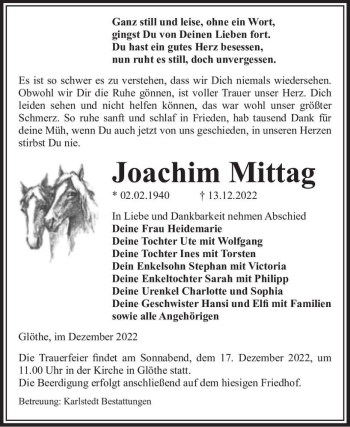 Traueranzeige von Joachim Mittag  von Magdeburger Volksstimme