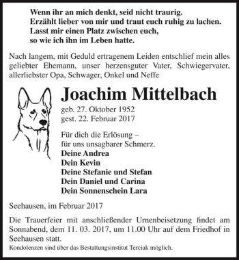 Traueranzeige von Joachim Mittelbach  von Magdeburger Volksstimme