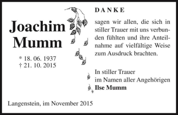 Traueranzeige von Joachim Mumm  von Magdeburger Volksstimme