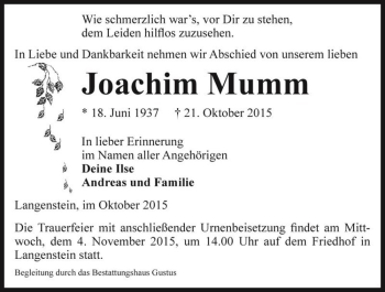 Traueranzeige von Joachim Mumm  von Magdeburger Volksstimme
