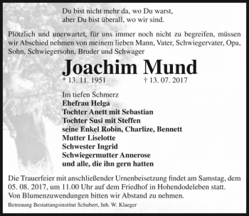 Traueranzeige von Joachim Mund  von Magdeburger Volksstimme