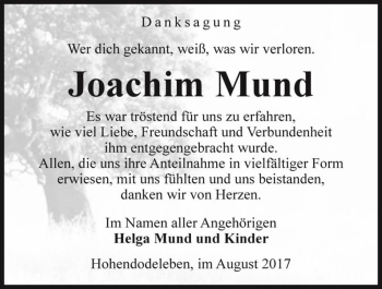 Traueranzeige von Joachim Mund  von Magdeburger Volksstimme