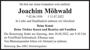 Traueranzeige von Joachim Möhwald  von Magdeburger Volksstimme