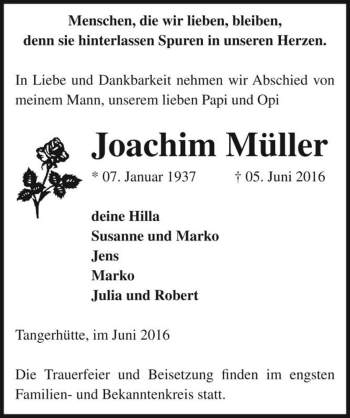 Traueranzeige von Joachim Müller  von Magdeburger Volksstimme