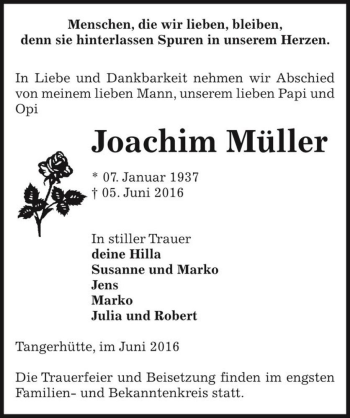 Traueranzeige von Joachim Müller  von Magdeburger Volksstimme