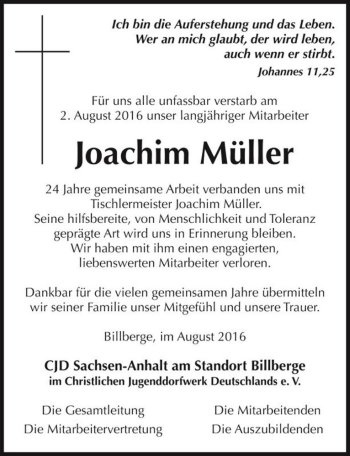 Traueranzeige von Joachim Müller  von Magdeburger Volksstimme