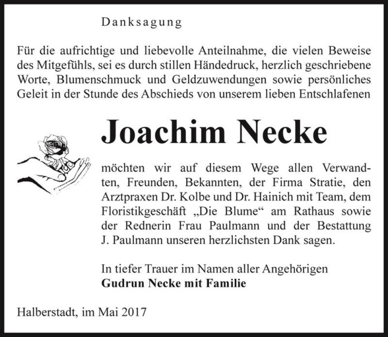  Traueranzeige für Joachim Necke  vom 13.05.2017 aus Magdeburger Volksstimme