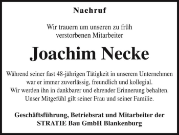 Traueranzeige von Joachim Necke  von Magdeburger Volksstimme