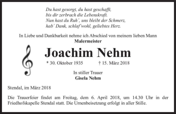 Traueranzeige von Joachim Nehm  von Magdeburger Volksstimme