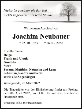Traueranzeige von Joachim Neubauer  von Magdeburger Volksstimme