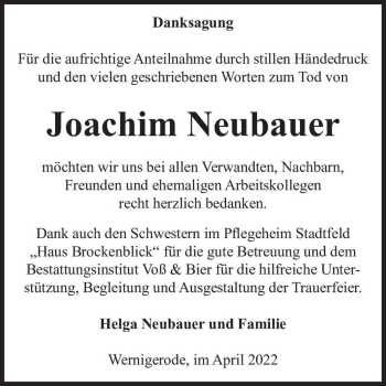 Traueranzeige von Joachim Neubauer  von Magdeburger Volksstimme