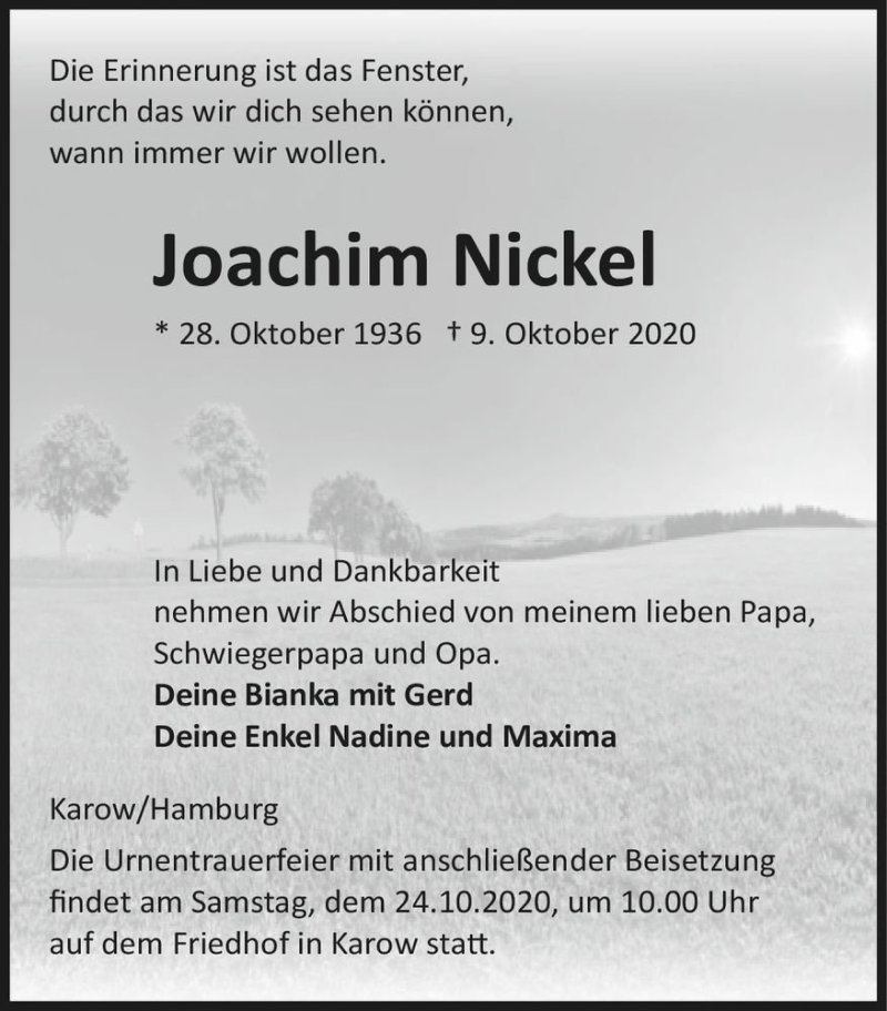  Traueranzeige für Joachim Nickel  vom 17.10.2020 aus Magdeburger Volksstimme