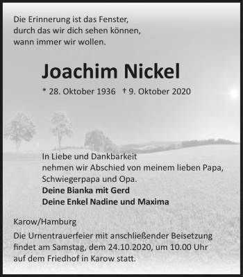Traueranzeige von Joachim Nickel  von Magdeburger Volksstimme
