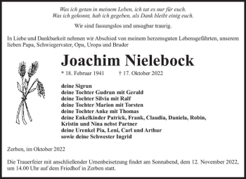 Traueranzeige von Joachim Nielebock  von Magdeburger Volksstimme
