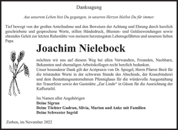 Traueranzeige von Joachim Nielebock  von Magdeburger Volksstimme