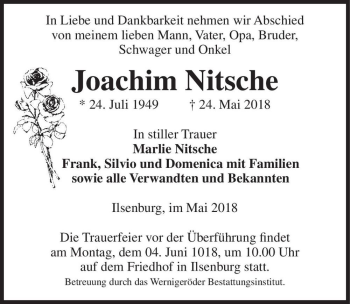 Traueranzeige von Joachim Nitsche  von Magdeburger Volksstimme