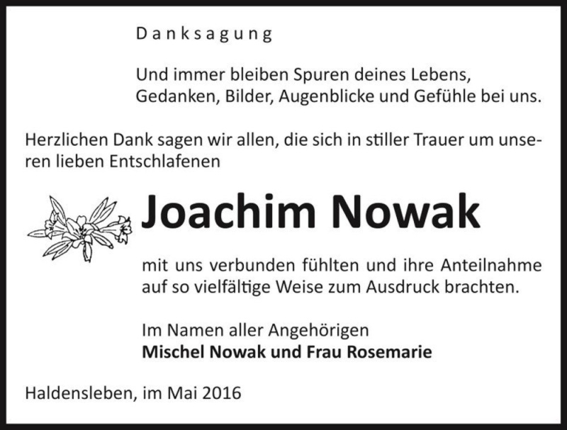  Traueranzeige für Joachim Nowak  vom 21.05.2016 aus Magdeburger Volksstimme