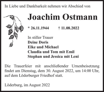 Traueranzeige von Joachim Ostmann  von Magdeburger Volksstimme