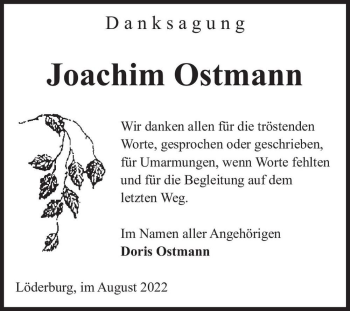 Traueranzeige von Joachim Ostmann  von Magdeburger Volksstimme