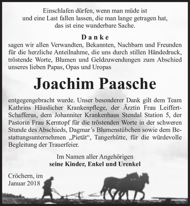  Traueranzeige für Joachim Paasche  vom 27.01.2018 aus Magdeburger Volksstimme