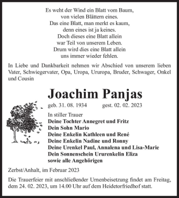Traueranzeige von Joachim Panjas  von Magdeburger Volksstimme
