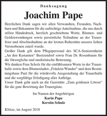 Traueranzeige von Joachim Pape  von Magdeburger Volksstimme